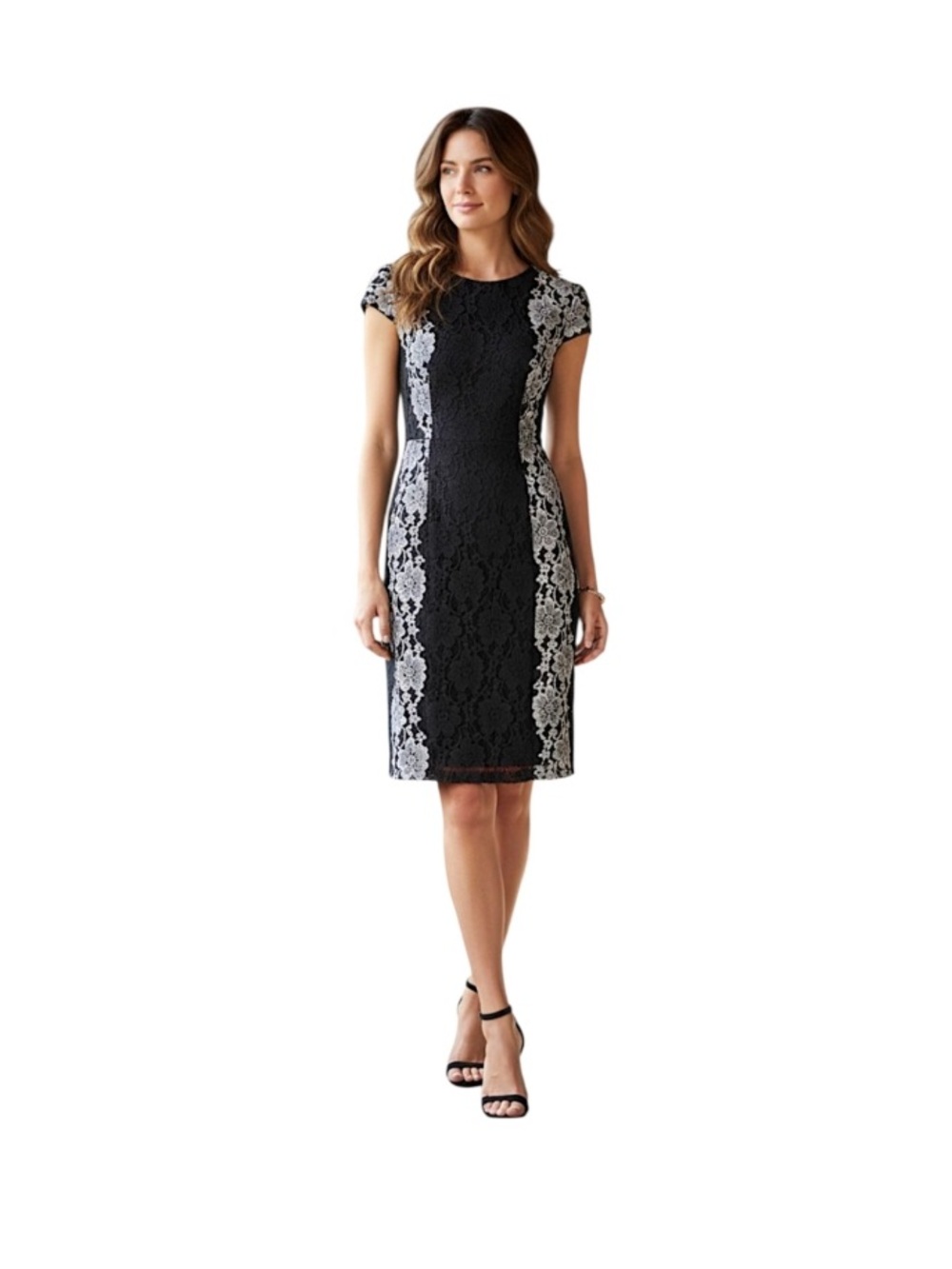 Betsey Johnson Black Lace Sheath Dress with Contrast White Lace Floral Panels 10